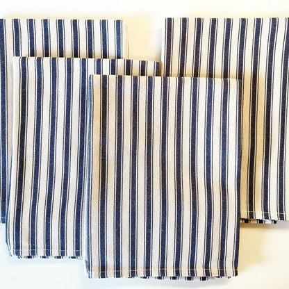 Ticking Pattern Napkins, top view of 4 pieces, cream and navy stripes. 