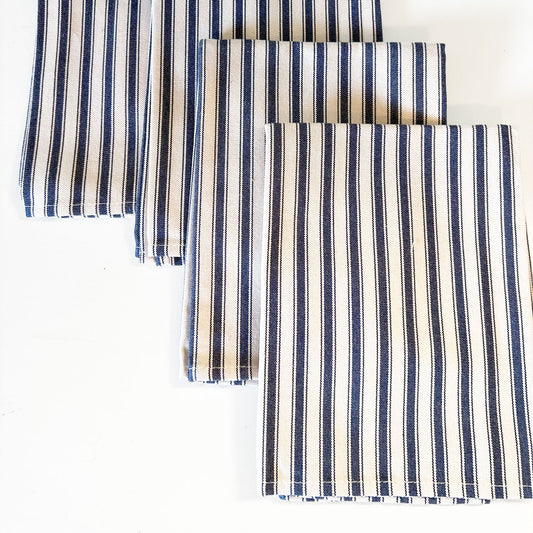 4 Blue and Cream Mattress Ticking Napkins, navy blue stripe and cream