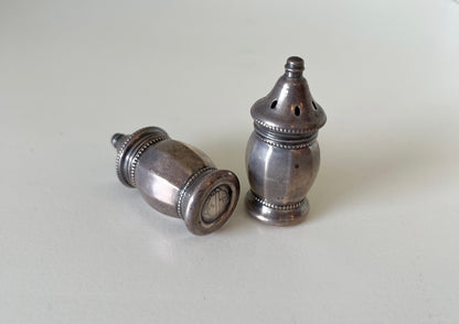 Bottom view with hallmark and side view of Vintage Silver Salt and Pepper Shakers