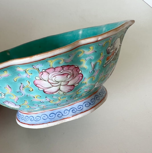 Hand Painted Floral and Dragon Bowl